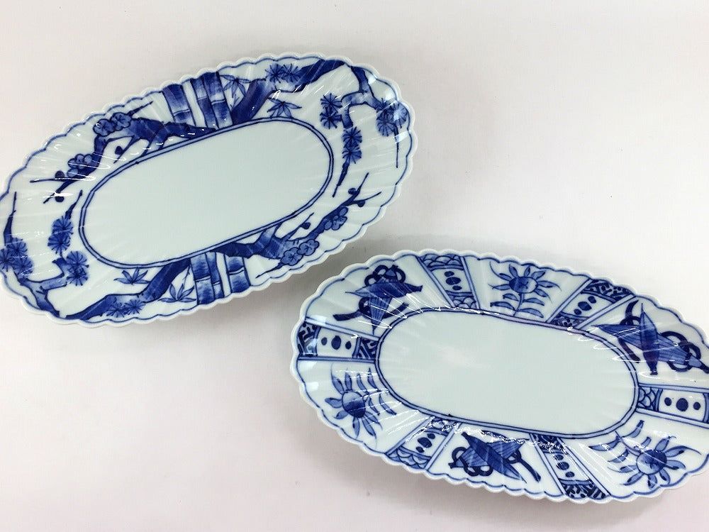 有田焼 梶謙製磁 菊型楕円皿 (芙蓉手/松竹梅)【24cm 長皿 平皿 中皿 プレート 楕円皿】