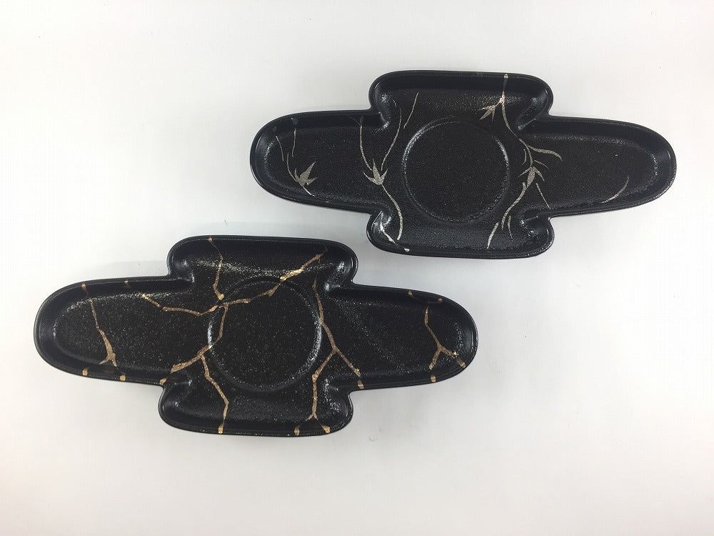 26cm木甲向鉢 黒柚子(金ツギ / 銀ツル草) 長崎県 三河内焼 【25.5cm 変形皿 中皿 大皿 おしゃれ】