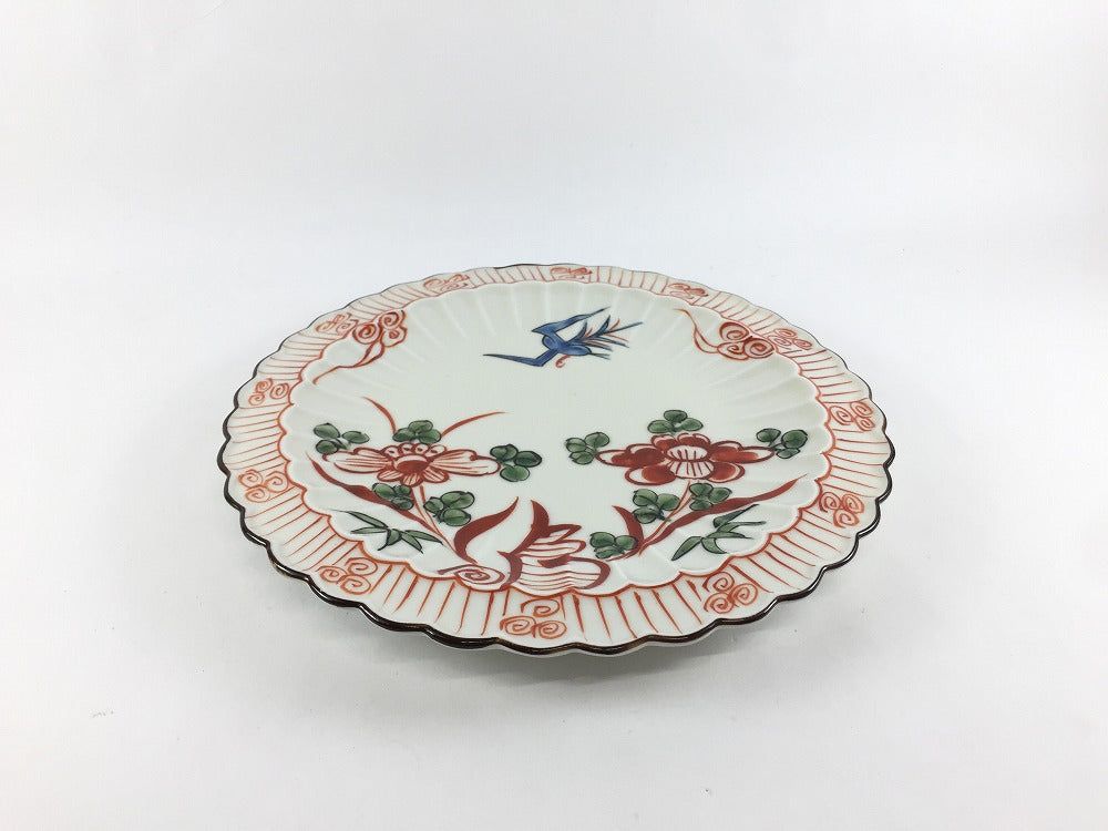 有田焼 錦右衛門窯 菊彫六寸和皿 クリーム釉万歴花鳥 19cm