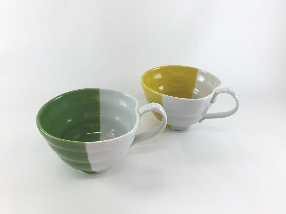 波佐見焼 隆泉陶器 340ccスープマグ ハーフ(キイロ/ヒスイ)【マグカップ コップ カラフル 黄色 緑色】
