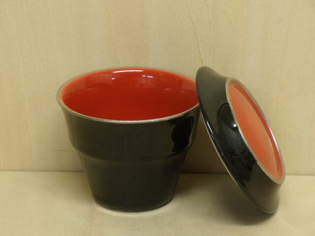 有田焼 金善窯 竹蒸碗(黒赤銀線)