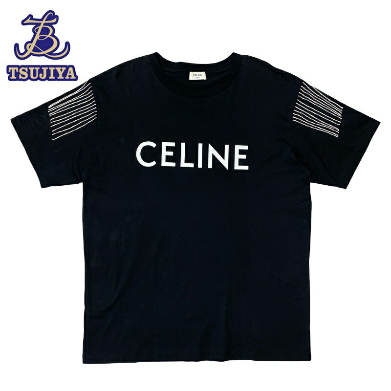 【中古AB】CELINE セリーヌ ラインストーンフリンジ付き ロゴTシャツ メンズ ブラック #L【辻屋質店A3747】【質屋出品】