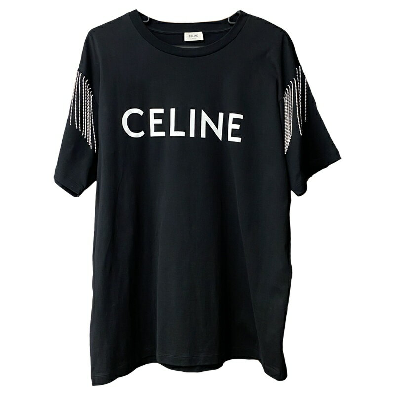 【中古AB】CELINE セリーヌ ラインストーンフリンジ付き ロゴTシャツ メンズ ブラック #L【辻屋質店A3747】【質屋出品】