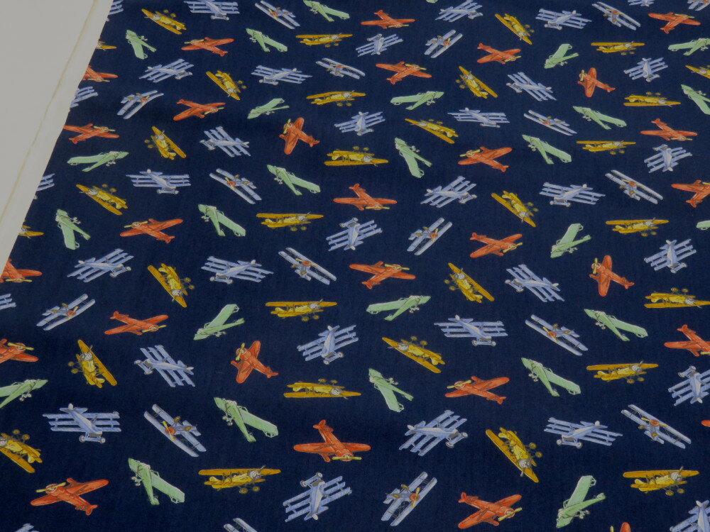 ライトプレーン飛行機 ネイビー ブロード生地 dou　【メール便3m可】 生地 布地 手芸 プリント生地