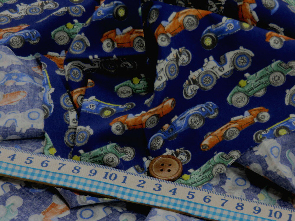 クラッシックカー ネイビー ブロード生地 dou　【メール便3m可】 くるま 自動車 生地 布地 手芸 プリント生地