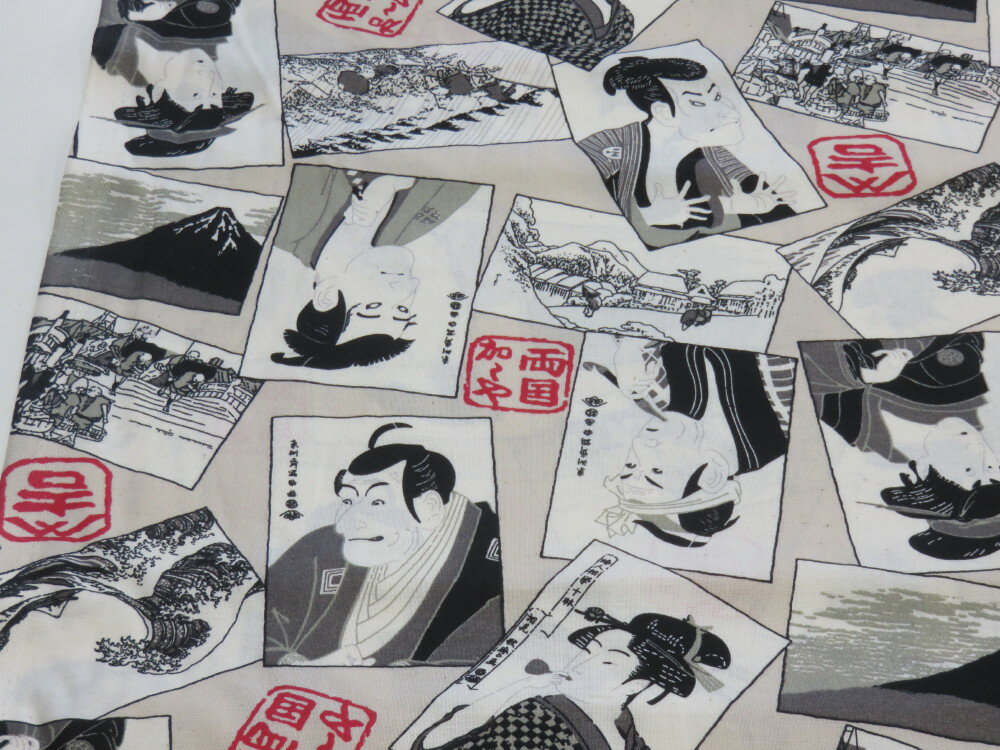 和柄 浮世絵 ベージュ スケア生地 【メール便3m可】 生地 布地 プリント生地 浴衣 ゆかた 着物 作務衣 よさこい衣装 ステテコ じんべえ