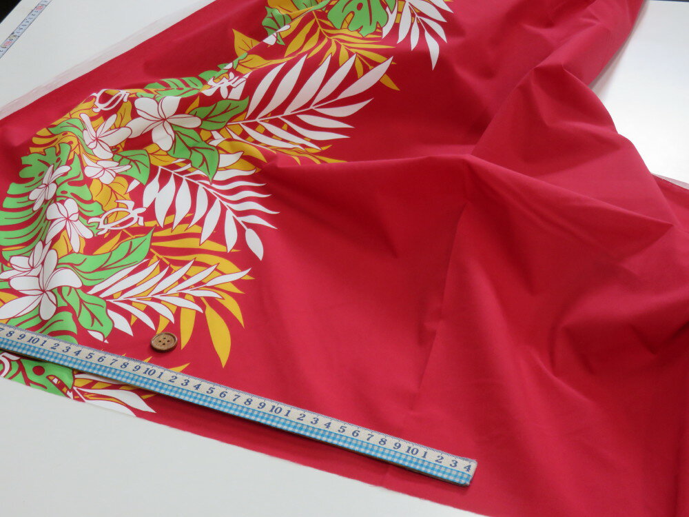 T/Cブロード ハワイアン 片側ボーダー レッド dou【メール便3m可】 生地 布地 ハワイアン フラダンス 衣装 ムームー アロハ ノーアイロン