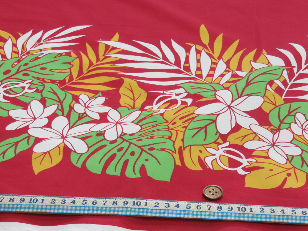 T/Cブロード ハワイアン 片側ボーダー レッド dou【メール便3m可】 生地 布地 ハワイアン フラダンス 衣装 ムームー アロハ ノーアイロン