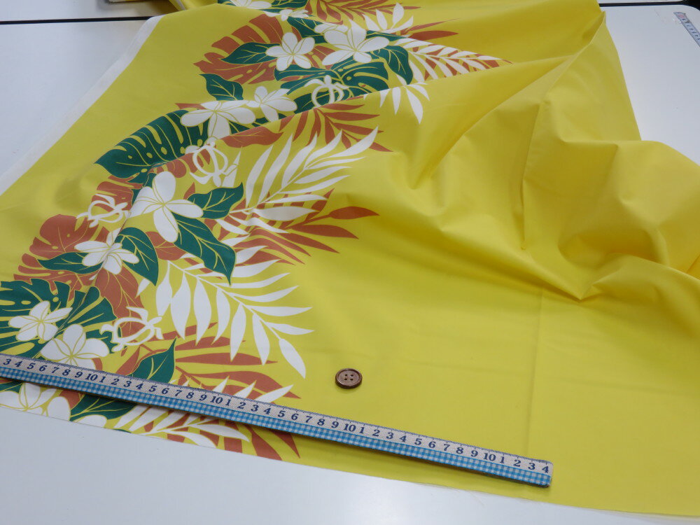 T/Cブロード ハワイアン 片側ボーダー イエロー dou【メール便3m可】 生地 布地 ハワイアン フラダンス 衣装 ムームー アロハ ノーアイロン