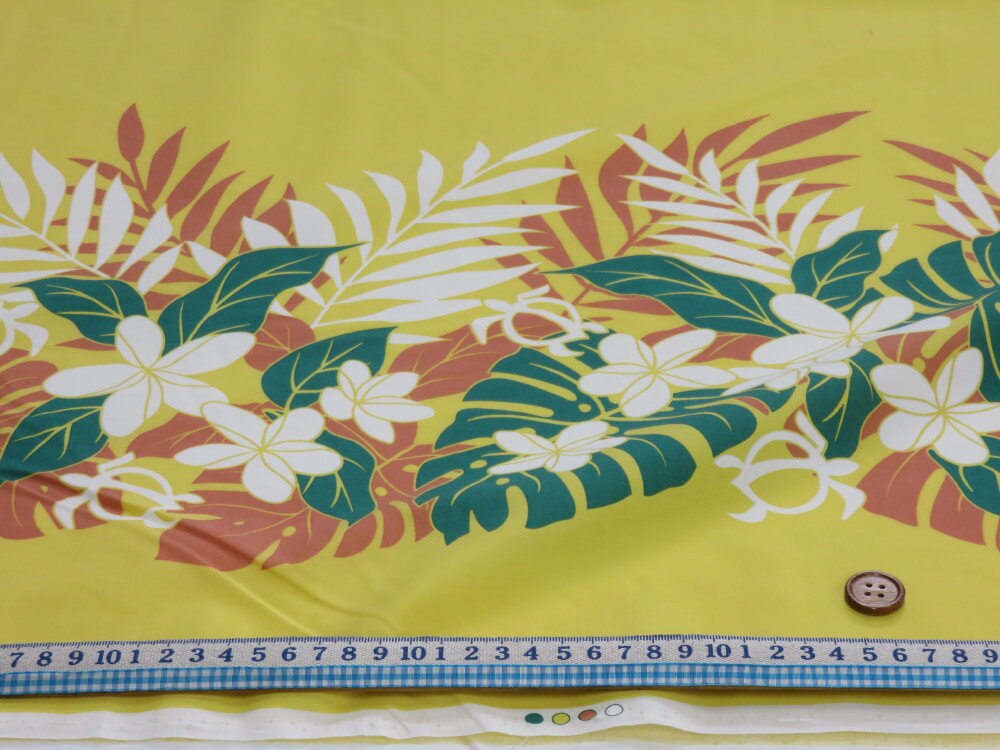T/Cブロード ハワイアン 片側ボーダー イエロー dou【メール便3m可】 生地 布地 ハワイアン フラダンス 衣装 ムームー アロハ ノーアイロン