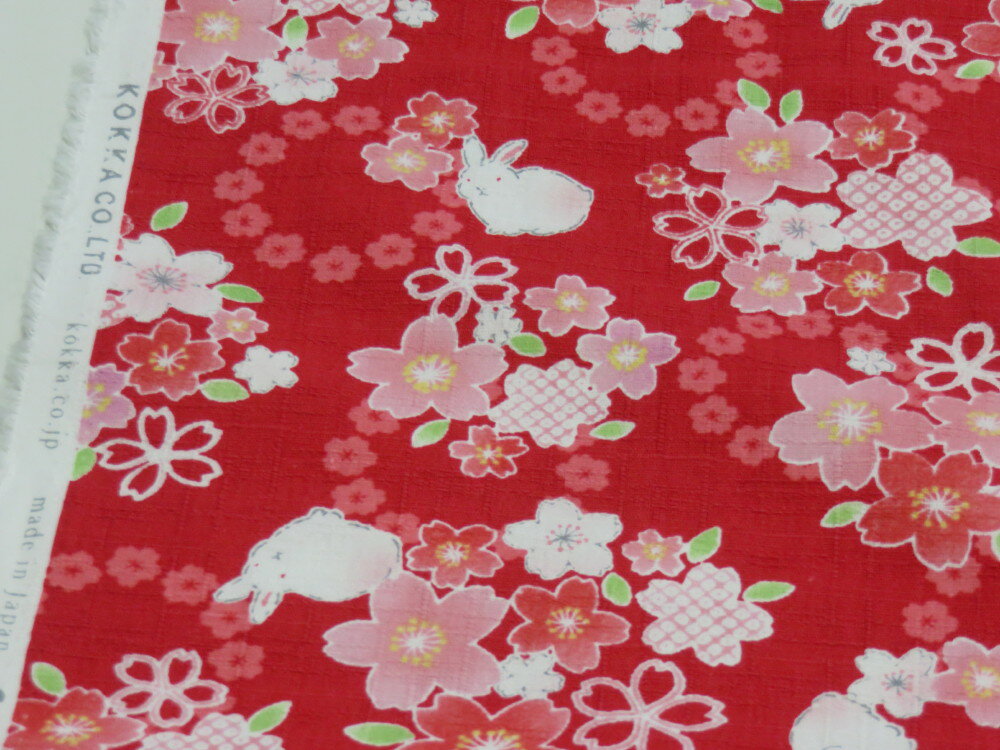 サザンクロス 和柄ドビー 桜うさぎ さくら レッド　【メール便2m可】 花柄 生地 布地 プリント生地 浴衣 ゆかた 着物 作務衣 よさこい衣装 ステテコ じんべえ