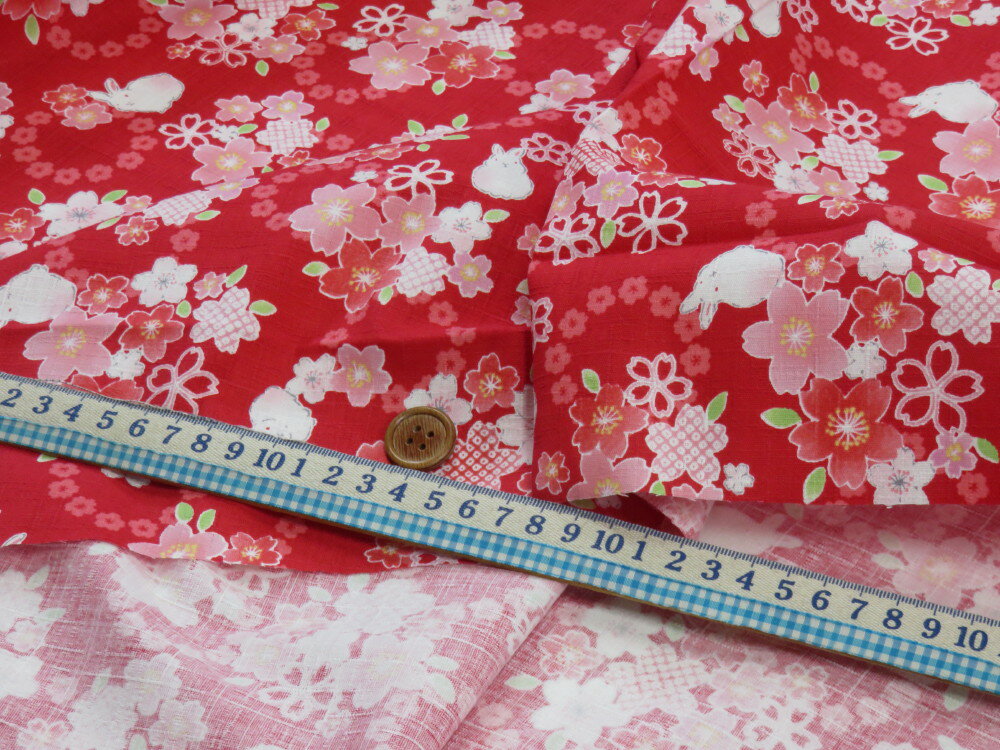 サザンクロス 和柄ドビー 桜うさぎ さくら レッド　【メール便2m可】 花柄 生地 布地 プリント生地 浴衣 ゆかた 着物 作務衣 よさこい衣装 ステテコ じんべえ
