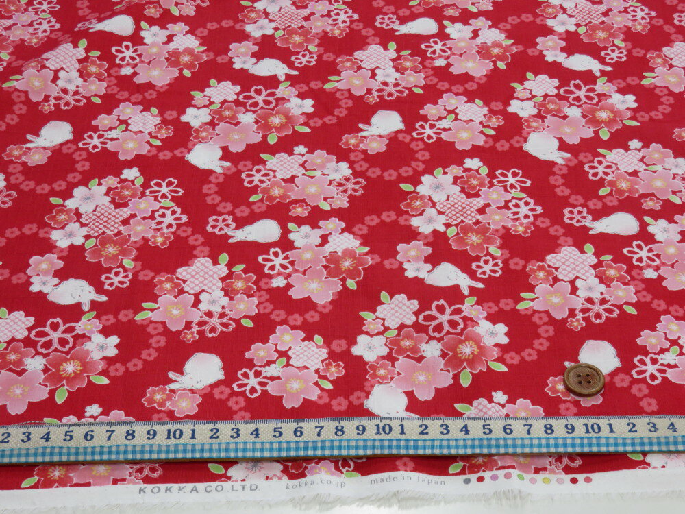 サザンクロス 和柄ドビー 桜うさぎ さくら レッド　【メール便2m可】 花柄 生地 布地 プリント生地 浴衣 ゆかた 着物 作務衣 よさこい衣装 ステテコ じんべえ