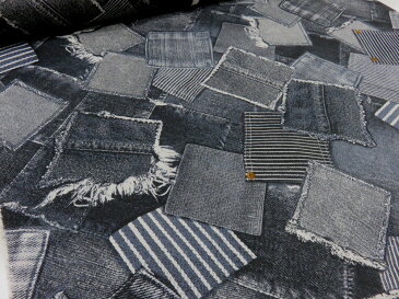 デニムポケットパッチランダム ブラック オックス生地 【メール便2m可】ジーンズ 生地 布地 綿 コットン 手作り 手芸 ハンドメイド 入園 入学