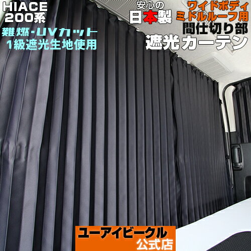 ハイエース 200系 遮光カーテン センター1面セット(間仕切り) 1型～現行対応 ワイド ミドルルーフ用 ルーフサイズ別専用設計 キャンプ、車中泊に最適天井側にアルミレール使用難燃・UVカット・1級遮光生地/日本製【ユーアイビークル】のサムネイル