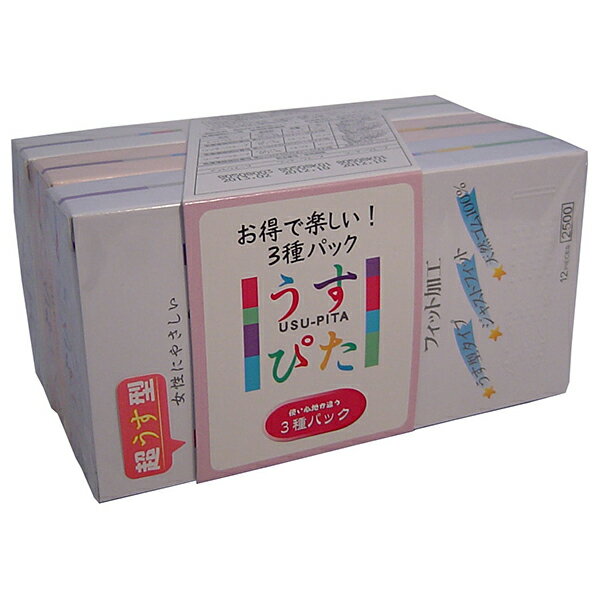 ※この商品は配送会社の都合により、北海道・沖縄・離島にはお届けできません。 ご注文が確認された場合、キャンセルさせて頂く可能性がございますのであらかじめご了承ください。うすさと、フィット感を追求！それが「うすぴた」です！●その日その日で、気分新鮮！●清潔で洗練されたパッケージ ●『つぶ状凸起』がさらにグレード・アップ ● パッケージで機能がわかります◇超うす型タイプ　うすさにこだわり、装着時の自然な感覚を追求しました。　それでいて、強度にすぐれています。◇Wジャストフィット　脱落の防止とフィット感を高めるため、”多数のつぶ状凸起”と”特殊絞り”加工を施しました。　フィット感が高まり、女性の心理的な安心感も高まります。◇天然ゴム100％　化学物質を避け、天然素材のみを使用。　ナイーブな女性のお肌へのいたわりです。【管理医療機器】（男性向け避妊用コンドーム）うすぴた1500：医療機器製造販売認証番号　219AFBZX00113000うすぴた2000：医療機器製造販売認証番号　219AFBZX00114000うすぴた2500：医療機器製造販売認証番号　219AFBZX00115000（管理医療機器ですが、販売免許の届出がなくても販売可能です。）【うすぴた1500】・うす型ウエットゼリー付・多数のつぶ状凸起付【うすぴた2000】・うす型ウエットゼリー付・多数のつぶ状凸起付・特殊一段緊縮絞り・脱落防止加工【うすぴた2500】・うす型ウエットゼリー付・多数のつぶ状凸起付・特殊ニ段緊縮絞り・脱落防止加工【ご注意】・コンドームの適正な使用は、避妊に効果があり、エイズを含む他の多くの性感染症に感染する危険を減少しますが、100％の効果を保証するものではありません。・コンドームの使用は、1個につき1回限りです。その都度、新しいコンドームをご使用ください。・この包装に入れたまま、冷暗所に保管してください。また、防虫剤等の揮発性物質と一緒に保管しないでください。個装サイズ：142X75X82mm個装重量：約150g内容量：12個入×3種類※この商品は配送会社の都合により、北海道・沖縄・離島にはお届けできません。 ご注文が確認された場合、キャンセルさせて頂く可能性がございますのであらかじめご了承ください。