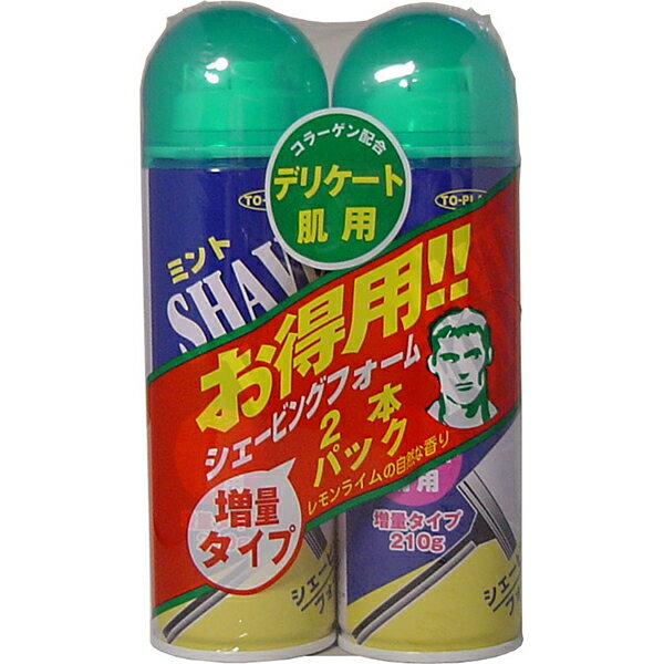 ※この商品は配送会社の都合により、北海道・沖縄・離島にはお届けできません。 ご注文が確認された場合、キャンセルさせて頂く可能性がございますのであらかじめご了承ください。増量タイプの2個パック！　超お買い得！！●天然成分アロエエキス配合で肌を保護しひげそり後の肌を整えます。●きめ細かな泡が、なめらかにサッパリと剃り上げます。●レモンライムの自然な香り。【配合成分】水、PG、LPG、ステアリン酸、TEA、ミリスチン酸、PEG-20ソルビタンココエート、ラウラミドDEA、グリチルリチン酸2K、カルボマー、BG、メントール、アロエベラエキス-1、加水分解コラーゲン、メチルパラベン、香料【ご使用方法】・ひげを水またはぬるま湯で十分湿らせて下さい。・缶をよく振り頭部を上にして(逆さに使用すると最後まで使用できなくなります。)ボタンを押し、泡を適量手にとります。・泡をひげ全体にすりこんで下さい。・ひげ剃りあとは、水またはぬるま湯で流して下さい。【ご注意】・傷や湿疹等異常のあるときは悪化させる恐れがあるので使用しないで下さい。・かぶれたり刺激等の異常があらわれたときは使用を中止し皮フ科専門医の診療を受けて下さい。・お子様の手の届かない所に保管して下さい。・水回りや湿気の多い所に置くと、缶が錆びて中味が漏れたり裂する危険があるので置かないで下さい。・お肌に合わないときは、ご使用をおやめ下さい。個装サイズ：105/175/53mm個装重量：約570g内容量：210g×2本※この商品は配送会社の都合により、北海道・沖縄・離島にはお届けできません。 ご注文が確認された場合、キャンセルさせて頂く可能性がございますのであらかじめご了承ください。