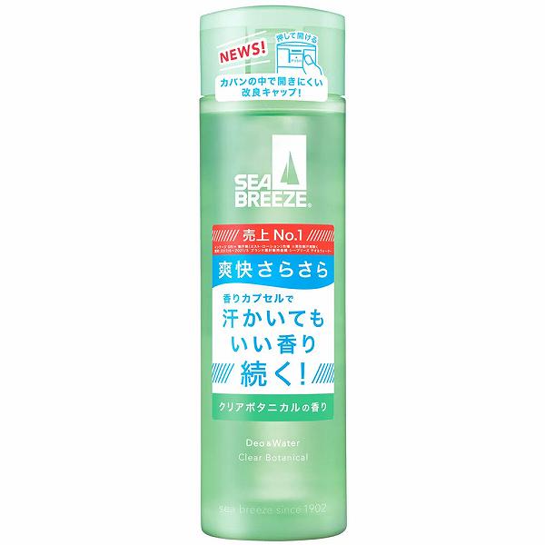 ※この商品は配送会社の都合により、北海道・沖縄・離島にはお届けできません。 ご注文が確認された場合、キャンセルさせて頂く可能性がございますのであらかじめご了承ください。深呼吸したくなる香り、クリアボタニカル♪●つけた瞬間、すーっと爽快さらさら。●汗と嫌なニオイをおさえて、いい香りをプラスする制汗デオドラントウォーター。●いつでも好印象ないい香りと、さらさら素肌に。●清潔感のある香りが続く「持続型香りカプセル」配合。●爽快成分、植物性さらさらパウダー、植物由来保護成分、制汗・デオドラント成分。●やわらかでみずみずしい透明感のあるクリアボタニカルの香り。【医薬部外品】販売名：シーブリーズ デオ＆ウォーター C【効能・効果】わきが(腋臭)、皮ふ汗臭、制汗【成分】★有効成分パラフェノールスルホン酸亜鉛、塩化ベンザルコニウム液★その他の成分精製水、エタノール、無水ケイ酸、トリ2-エチルヘキサン酸グリセリル、ヒドロキシプロピル-β-シクロデキストリン、ポリプロピレングリコール、メチルポリシロキサン、メチルフェニルポリシロキサン、ポリオキシエチレン・メチルポリシロキサン共重合体、l-メントール、DL-リンゴ酸ナトリウム、ポリオキシエチレンポリオキシプロピレンデシルテトラデシルエーテル、DL-リンゴ酸、エデト酸三ナトリウム、アルギン酸カルシウム、1，3-ブチレングリコール、ユリエキス、ラベンダーエキス(1)、香料【使用方法】・パウダー配合なのでよく振ってから、お使いください。・手に適量をとり、汗をかきやすいところを中心に全身に軽くたたくようになじませてください。・汗をかく前、かいた後どちらでもお使いいただけます。【注意】・目に入らないようにご注意ください。もし入った場合は、すぐに水かぬるま湯で洗い流してください。・顔、粘膜、傷口、除毛直後にはお使いにならないでください。・直接衣服につけると白くなることがあります。・床やテーブルにこぼした時にはすぐにふき取ってください。変色する場合があります。・乳幼児の手の届かないところにおいてください。・日のあたるところや高温のところにおかないでください。・火気にご注意ください。・飲み物ではありません。個装サイズ：49X170X39mm個装重量：約180g内容量：160mLケースサイズ：24.8X18.5X36.8cmケース重量：約9kg製造国：日本※この商品は配送会社の都合により、北海道・沖縄・離島にはお届けできません。 ご注文が確認された場合、キャンセルさせて頂く可能性がございますのであらかじめご了承ください。