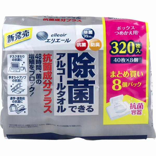 ※この商品は配送会社の都合により、北海道・沖縄・離島にはお届けできません。 ご注文が確認された場合、キャンセルさせて頂く可能性がございますのであらかじめご了承ください。独自のトリプル処方。「除菌」「抗菌」「防臭」機能付き。除菌だけでなく、抗菌もしたいときにお使いください。●抗菌成分として自然由来のグレープフルーツ種子抽出エキスとユーカリ葉エキスを配合。●48時間菌の増殖を防ぎ、ニオイの元となる汚れを除去します。●99.99%除菌、48時間抗菌、防臭機能付き。●詰替用です。【品名】ウエットティシュ【使用用途】・衛生面が気になる身のまわりの抗菌に。・テーブル、キッチンまわりの抗菌に。・よく触れる手すり、ドアノブの抗菌に。【成分】エタノール、水、PG、ポリアミノプロピルビグアニド、ポリオキシアルキレンアルキルアミン、塩化ベンザルコニウム、グリシン、塩化Na、水酸化Na、グレープフルーツ種子抽出エキス、ユーカリ葉エキス、BG、アロエエキス【寸法】140mm×185mm【ボックスタイプ 使用方法】※本品は詰替用です。(1)容器を中央から開き、シートの入った袋をつめかえます。(2)袋上部のシールをはがします。(3)容器を中央に向けてしっかりと閉めます。【注意】・火気に近づけたり、火気の近くでご使用・保管・廃棄はしないでください。・乳幼児の手の届く所、日の当たる所及び高温になる所には置かないでください。また、狭い場所でのご使用時は換気をしてください。・液が目に入った場合は、すぐ水で充分に洗い流してください。・眼や粘膜、傷口などには使用しないでください。・アルコール過敏症の方や乳幼児は使用しないでください。・皮膚の弱い方が使用される場合、または長時間使用される時は、手荒れのおそれがありますのでご注意ください。・手荒れが気になる場合は、ご使用時にゴム手袋などを着用してください。・皮膚に異常が見られる場合は、直ちに使用を中止し、医師に相談してください。・革製品、ペンキやニスの塗装面、白木、壁紙などに使用すると、変色・変質することがあります。・ご使用する製品の取扱説明書に従ってお手入れしてください。・乾燥を防ぐ為、ご使用後は必ずフタをきちんと閉めてください。開封後はできるだけ、お早めにご使用ください。・トイレの詰まりを防ぐ為に、水洗トイレに流さないでください。・すべての菌を除菌・抗菌できるわけではありません。・ボックスタイプのつめかえ用です。ボトルタイプにはつめかえてご使用できません。・つめかえる時には、容器を清潔にし、清潔な手でつめかえてください。個装サイズ：171X129X163mm個装重量：約1062g内容量：40枚×8個入ケースサイズ：35.5X15X34cmケース重量：約4.8kg製造国：日本※この商品は配送会社の都合により、北海道・沖縄・離島にはお届けできません。 ご注文が確認された場合、キャンセルさせて頂く可能性がございますのであらかじめご了承ください。