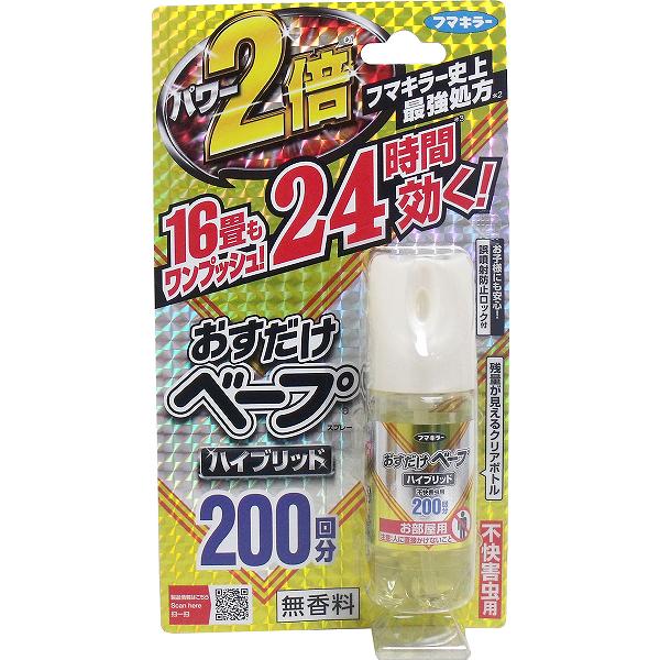 ※この商品は配送会社の都合により、北海道・沖縄・離島にはお届けできません。 ご注文が確認された場合、キャンセルさせて頂く可能性がございますのであらかじめご了承ください。ハイブリッド処方で速効&持続のW効果！「プラレトリン」と「トランスフルトリン」を配合しました。●ワンプッシュで24時間効果！ワンプッシュで薬剤が瞬時にお部屋に広がり、ユスリカやチョウバエにすばやい効果を発揮します。また、常温でも自然蒸散する「トランスフルトリン」と、壁や床についたまま蒸散しにくい「プラレトリン」のダブル効果で広い部屋でも効果が24時間も続きます。※ユスリカ・チョウバエに対する駆除効果です。●コバエにも効果を発揮！※8畳にワンプッシュした場合のショウジョウバエ、ノミバエに対する駆除効果※ショウジョウバエ、ノミバエに対して持続効果はありません。●効きめが見える透明ボトル！容器は透明樹脂ボトルを使用。薬剤の残量が見えるので、使い終わりがひと目で分かります。●誤噴射防止ロック搭載！【不快害虫用】【有効成分等】トランスフルトリン、プラレトリン、エタノール、LPガス【適用害虫】ユスリカ、チョウバエ、ショウジョウバエ、ノミバエ【使用方法】誤噴射防止ロックを「OPEN」の位置にしてください。手に持って、前方に向かってボタンを1回押すと必要量が噴射します。★ユスリカ・チョウバエ：4.5〜16畳あたり1回の噴射駆除効果：約24時間持続※使い始めは、窓やドアを閉めてください。★ショウジョウバエ・ノミバエ：8畳あたり1回噴射※噴射の際は、窓やドアを閉めて使用してください。・1回の噴射で効果がありますので一度に複数回の噴射は控えててください。・24時間以内に再度使用する場合は、一度部屋の換気を」した後にご使用ください。※ショウジョウバエ・ノミバエに対して、持続効果はありません。※部屋の広さに応じて適宜回数を増やしてください。(1本で約200回使用)※噴射後は、誤噴射防止ロックを「LOCK」の位置に戻してください。※「LOCK」の位置にしたままプッシュボタンを押さないこと。使用できなくなるおそれがあります。【使用上の注意】・人体に向かって噴射しない。また、噴霧気体を直接吸入しない。・万一、身体に異常を感じた場合は、直ちに本剤がピレスロイド系の殺虫剤であることを医師に告げて診療を受ける。・定められた用法・用量を厳守する。・閉め切った部屋や狭い部屋で使用する場合は、時々部屋の換気を行う。・使用中・使用後は、乳幼児や小児の手に触れさせない。・噴射口をふさがない。・皮膚に薬剤がついた時は直ちに石けんで充分洗う。・薬剤が眼に入った場合は直ちに充分水洗いし、眼科医の手当てを受ける。・アレルギー症状やカブレ等を起こしやすい体質の人は、薬剤に触れないよう注意する。・飲食物、食器、おもちゃまたは飼料等にかからないようにする。・しみの原因となるので、電気製品、白木・桐の家具、精密機器、水性ワックス、ニス塗装部、プラスチック面等に直接かからないよう注意する。・ペット類にかからないようにする。特に観賞魚等の水槽や昆虫の飼育カゴがある部屋では使用しない。・噴射口が白くなることがあります。その際、手で触れずティシュ等でふき取ってください。個装サイズ：120X215X39mm個装重量：約74g内容量：200回分(42mL)ケースサイズ：52.4X23.1X25cmケース重量：約2.5kg製造国：日本※この商品は配送会社の都合により、北海道・沖縄・離島にはお届けできません。 ご注文が確認された場合、キャンセルさせて頂く可能性がございますのであらかじめご了承ください。