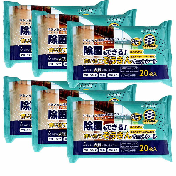 【5個セット】 除菌もできる！ 使い捨てぞうきん ウェットシート 20枚入×6個セット