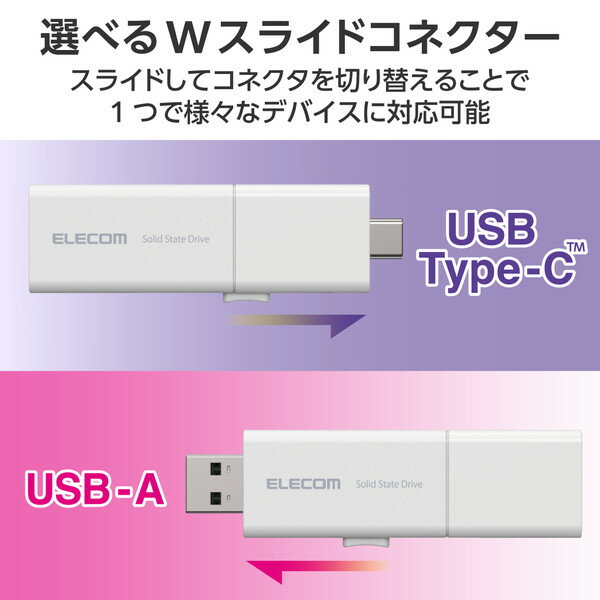 【正規代理店】 エレコム ESD-EWB1000GWHR SSD 外付け 1TB USB3.2Gen1 読込最大420MB/秒 USBメモリ型 ポータブルSSD スライド式 高速 USB Type-C / USB-A 両対応 ホワイト