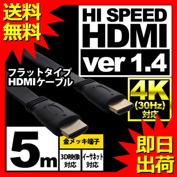 HDMIケーブル フラット 5m HDMIver1.4 金メッキ端子 High Speed HDMI Cable ブラック ハイスピード 4K 3D イーサネット対応 液晶テレビ ブルーレイレコーダー DVDプレーヤー ゲーム機との接続に 500cm UL-CAVS003 【 送料無料 】 1000円ポッキリ UL.YN 【 即日出荷 】