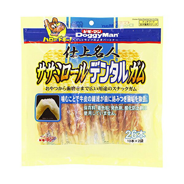 ●本体サイズ (幅X奥行X高さ) :27×4×28.5cm●本体重量:180g●原産国:中華人民共和国●栄養成分:粗たん白質44.5%以上,粗脂肪0.5%以上,粗繊維1.5%以下,粗灰分5%以下,水分22.5%以下●ブラント名: ドギーマン・ブランド：ドギーマン●・牛皮主原料のガムにササミを巻いて乾燥させた、おいしくご褒美にもなるガムスナック。・ササミの味と香りに愛犬も大よろこび。トレーニングのごほうびにも使えます。・軸は牛皮主原料のガム。牛皮の繊維が残る特殊構造で歯がしっかり食い込みます。・牛皮主原料の軸は愛犬がおいしく食べつくせます。・しっかりした歯ごたえで歯とあごのケアにもなるおいしいガムスナックです。・ペットフードとしての用途をお守りください。・幼児や子供、ペットの触れない場所で保存してください。・記載表示を参考に、ペットが食べ過ぎないようにしてください。・子供がペットに与えるときは、安全のため大人が立ち会ってください。・ペットが興奮したりしないよう、落ち着いた環境で与えてください。・ペットの体調が悪くなったときには、獣医師に相談してください。・ペットの種類：イヌ・ペットの成長段階：全年齢・フレーバー：ビーフ・商品の形状：ドライ・サイズ：13個 (x 2)・商品の数量：6・保存方法：開封後要冷蔵・特殊な用途：デンタルケア・電池付属：いいえ・原材料：鶏ササミ、牛皮、でん粉類、チキンエキス