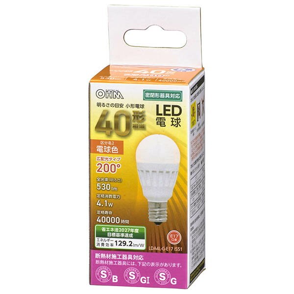 オーム電機 LDA4L-G-E17IS51 LED PS E17 4.1W L OHM ミニクリプトン ミニクリプトン形 密閉器具対応 小形電球形 オーム 直管 広配光 断熱材施工器具対応 電球色 小型電球形 電球色相当 小形 広配光タイプ 小型