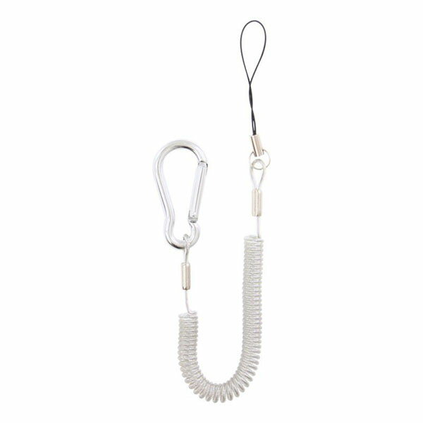 藤本電業 MDK-W-CL 強力ストラップ (ワイヤー入り/カラビナ式/伸長最長90cm/ホワイト) ホワイト 携帯電話 スマートフォン オーム電機 落下防止 丈夫 工具 ストラップ パスケース コイルストラップ カールストラップ クリア スチールワイヤー