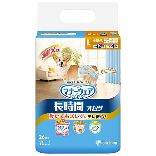 ※商品パッケージや仕様につきまして、予告なく変更されることがございます。●動きやすく、肌にやさしく、長時間モレ安心の紙オムツ●ふわぴたフィットで動きやすく、モレ安心。（女の子男の子共用タイプ）●「やわらかフィット形状」で、動きに合わせて、体にふんわりぴったりフィット●赤ちゃん用のオムツにも使用される、絹のような極細繊維の「さらふわ吸収シート」でやさしい肌ざわり●「全面通気シート」で、長時間使用でもムレを防いでお肌さらさら●「安心パワフル吸収体」で、長時間使用でもモレ安心（最大12時間吸収※おしっこ約4回分）●「立体モレ防止ギャザー」で、おしっこやゆるゆるうんちもしっかりガード●おしっこを吸収すると色が変わる「お知らせサイン」で、取り替え時が分かって、いつでも清潔●「つけ直しらくらくテープ」で、簡単装着＆動いても外れにくい。 適応胴まわり：オスメス共通40〜55cm適応体重：オス6.0〜12.0kg／メス8.0〜12.0kg 適応する代表的な犬種：柴犬コーギー、ミニチュアシュナウザーなど※ワンちゃんの12時間の平均おしっこ量を参考（ワンちゃんのおしっこ量には個体差があります）※商品サイズ：140×230×330※原材料名　表面材：ポリオレフィン・ポリエステル不織布　吸水材：吸水紙、綿状パルプ、高分子吸水材　防水材：ポリエチレンフィルム　止着材：ポリエステル / 伸縮材：ポリウレタン　結合材：ホットメルト接着剤　外装材：ポリエチレン※内容量：26枚