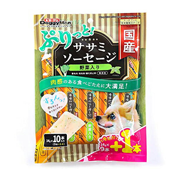 ●国産鶏ササミの旨みをたっぷり詰め込んだジューシーなソーセージ。●お野菜入り。栄養バランスに配慮しニンジンとほうれん草を配合。風味を引き立てるバジルも配合。●できたてのおいしさ、フィルム個包装。するんっと取り出せて、与えやすく手を汚しにくい。●原産国：日本●●成分/粗たん白質:6%以上、粗脂肪:0.1%以上、粗繊維:1%以下、粗灰分:2%以下、水分:93%以下●エネルギー/80kcal/100g・ブランド：ドギーマン●商品紹介 ●国産鶏ササミの旨みをたっぷり詰め込んだジューシーなソーセージ。●お野菜入り。栄養バランスに配慮しニンジンとほうれん草を配合。風味を引き立てるバジルも配合。●できたてのおいしさ、フィルム個包装。するんっと取り出せて、与えやすく手を汚しにくい。●鶏肉の風味たっぷり、ぷりっとジューシーな食感。ごほうびに、トッピングにぴったり。●ペットにやさしい、着色料、発色剤、酸化防止剤無添加。国産品。 使用上の注意 ・ペットフードとしての用途をお守りください。・幼児や子供、ペットの触れない場所で保存してください。・記載表示を参考に、ペットが食べ過ぎないようにしてください。・子供がペットに与えるときは、安全のため大人が立ち会ってください。・ペットが興奮したりしないよう、落ち着いた環境で与えてください。・ペットの体調が悪くなったときには、獣医師に相談してください。 原材料・成分 鶏肉(胸肉、ササミ、チキンエキス)、コーンスターチ、調味料、野菜類(にんじん、ほうれん草)、バジル、増粘多糖類、ビタミンE 使用方法 ・目安給与量を参考に1日1~数回に分け、おやつとして与えてください。 ・ペットフードとしての用途をお守りください。・幼児や子供、ペットの触れない場所で保存してください。・記載表示を参考に、ペットが食べ過ぎないようにしてください。・子供がペットに与えるときは、安全のため大人が立ち会ってください。・ペットが興奮したりしないよう、落ち着いた環境で与えてください。・ペットの体調が悪くなったときには、獣医師に相談してください。・ペットの品種：全品種・商品モデル番号：4976555819847・メーカーにより製造中止になりました：いいえ・ペットの成長段階：全年齢・フレーバー：チキン・商品の形状：スティック・アレルギー表示：ポテト不使用・サイズ：14グラム (x 9)・商品の数量：1・特殊な用途：犬のおやつ