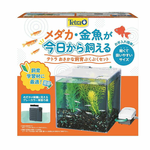 ●ビギナーでも手軽に金魚、メダカが飼育できる17cm角の小型水槽セット。●水中モーター採用で音が静かな外掛け式フィルター付き。●手を濡らさずにろ材交換ができます。●酸素も補給。●エアポンプ＋フィルター付きの17cmコンパクト水槽●本製品はプラスチック（ポリプロピレン）製です。ご使用前に欠けや割れが無いかチェックください。・水槽は電気製品の近くには設置しないでください。・重量を支えられるしっかりした台の上に設置してください。・ 直射日光が当たる場所に設置しないでください。・タンクセット後は水漏れが無いか、付属のフィルターやエアポンプが正常に動くかを確認下さい。・タンクを洗う際は傷つきやすい固い物は使用しないでください。●ペットの成長段階：すべてのライフステージ●フレーバー：その他色