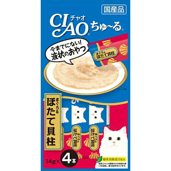 ●今までにない液状のおやつ。●液状のおやつ。一度与えたらやみつきになるおいしさです。・14g×4本【原材料】まぐろ、ほたてエキス、ほたて貝柱、糖類(オリゴ糖等)、植物性油脂、増粘剤(加工でん粉)、増粘多糖類、ミネラル類、調味料(アミノ酸等)、ビタミンE、緑茶エキス、紅麹色素【保証成分】粗たん白質7.0％以上、粗脂肪0.2％以上、粗繊維0.1％以下、粗灰分1.7％以下、水分91.0％以下【エネルギー】約7kcal/本【賞味期限】24ヶ月【原産国または製造地】日本