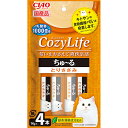 ●匂いをおさえて爽快生活！●猫ちゃんと飼い主の方が快適な生活(CozyLife)を送れるように思いを込めました。・食物繊維のキトサンがフンのにおいを吸着します。・乳酸菌1000億個(1本あたり250億個)配合で猫ちゃんの健康を維持し、お腹の調子を保ちます。・緑茶消臭成分3倍配合(CIAOちゅ〜る比)。緑茶消臭成分配合で腸管内の内容物の臭いを吸着し、糞・尿臭を和らげます。・外袋は環境に配慮した紙包材を使用。・個装サイズ：W120×H210×D20mm/重量70g【原材料】鶏肉(ささみ)、ほたてエキス、糖類(オリゴ糖等)、殺菌乳酸菌、植物性油脂、キトサン、増粘安定剤(加工でん粉、増粘多糖類)、ミネラル類(Na、P、Cl)、調味料(アミノ酸)、ビタミンE、緑茶エキス、紅麹色素【保証成分】たんぱく質7.5％以上、脂質0.3％以上、粗繊維0.6％以下、灰分1.8％以下、水分90.0％以下【エネルギー】7kcal/本【賞味期限】24ヶ月【原産国】日本