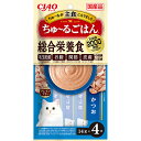 ●とろ〜り食べやすい液状ごはん！●・猫に必要な栄養素をバランスよく配合した総合栄養食ちゅ〜るです。・乳酸菌2000億個・【毛玉配慮の健康に配慮】食物繊維(キトサン、セルロース)が含まれているため、毛玉を吸着し、体外へ排出します。・【お腹の健康に配慮】乳酸菌・オリゴ糖配合でお腹の健康に配慮・【関節の健康に配慮】グルコサミン・コンドロイチン配合で関節の健康に配慮・【皮膚の健康に配慮】コラーゲン配合で皮膚の健康に配慮・グレインフリー 穀物不使用【給与方法】・ドライフードと併用する場合は本製品4本につきドライフードを約15g減らしてください。・本製品のみを与える場合は成猫の体重1kgあたり約6本を目安に2〜4回に分けてお与えください。・個装サイズ：W110×H210×D20mm/重量70g【原材料】かつお、鶏脂、かつお節エキス、糖類(オリゴ糖等)、コラーゲンペプチド、サメ軟骨抽出物(コンドロイチン硫酸含有)、殺菌乳酸菌、植物性油脂、増粘安定剤(加工でん粉、増粘多糖類)、ミネラル類(Ca、Cu、Mn、Zn、I、Fe、Na、P、Cl、K)、キトサン、セルロース、ビタミン類(A、E、B1、B2、B6、K、コリン、ビオチン、葉酸)、調味料(アミノ酸)、グルコサミン、紅麹色素、タウリン【保証成分】たんぱく質7.0％以上、脂質3.8％以上、粗繊維1.2％以下、灰分3.0％以下、水分85.0％以下【エネルギー】約13kcal/本【賞味期限】24ヶ月【原産国】日本