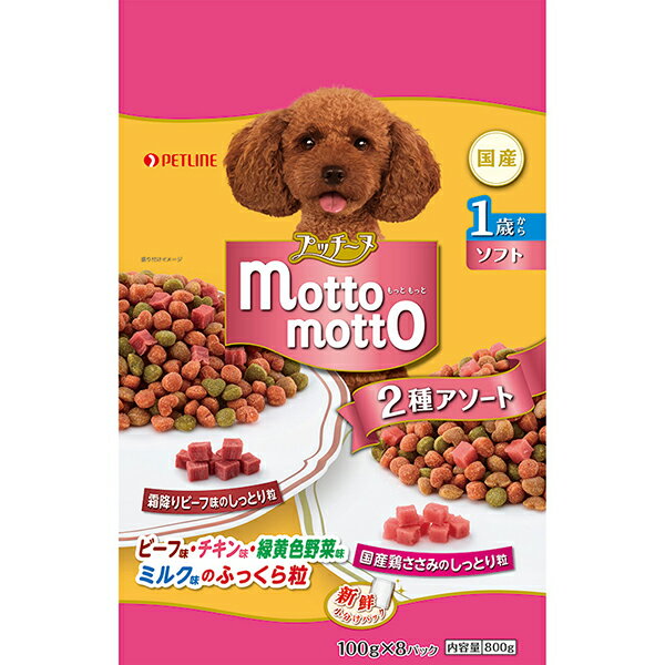 【6個セット】 ペットライン いぬのしあわせ プッチーヌ mottomotto ソフト 1歳から 800g 100g×8 半生 国産 アソート 小分け 角切りビーフ味粒と国産鶏ささみ入り 小粒 イヌ アダルト ドライフード 犬用フード ソフトタイプ ドッグフード 安心素材
