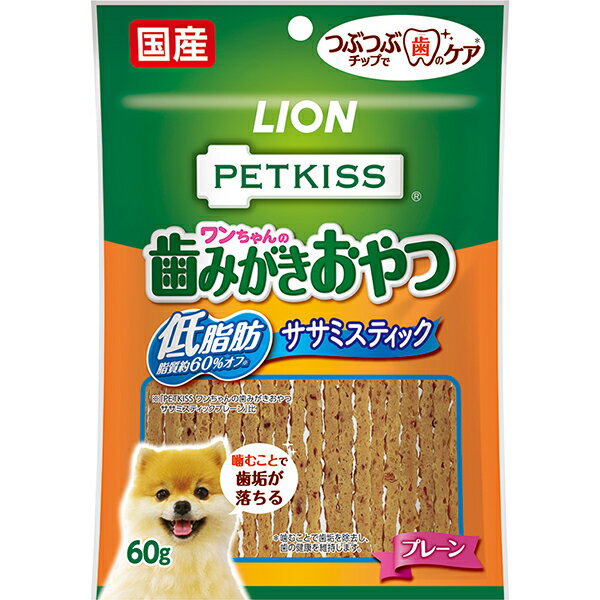 ●つぶつぶチップで歯のケア！●噛むことで歯の汚れ、歯垢を除去、おいしい低脂肪*ササミジャーキーです。・国産の鶏ササミジャーキーにつぶつぶ牛皮(コラーゲン)チップ配合。・砂肝、鶏がらスープ配合。・ちぎりやすいから、ちょこっとあげたい時にも。・脂質60％オフ(*「PK わんちゃんの歯みがきおやつ ササミスティックプレーン」比 100g当たり)＜給与方法＞・パッケージ記載の給与量を目安に、1日2〜3回に分けて与える。・生後7ヶ月以上の犬に与える。・与える量は犬種や年齢、個体差などによって異なるので、食べ残しや便の状態をみて調節する。・主食の量は適宜調節する。・個装サイズ：W150×H215×D20mm/重量69g【原材料】鶏肉(ササミ、砂肝、胸肉)、でん粉類、砂糖、牛皮、食物繊維、脱脂大豆、鶏ガラスープ、食塩、グリセリン、ソルビトール、ポリリン酸ナトリウム、炭酸カルシウム、ピロリン酸ナトリウム、ポリリジン【保証成分】たんぱく質16.0％以上、脂質1.5％以上、粗繊維5.5％以下、灰分3.5％以下、水分26.0％以下【エネルギー】283kcal/100g【賞味期限】12ヶ月【原作国】日本