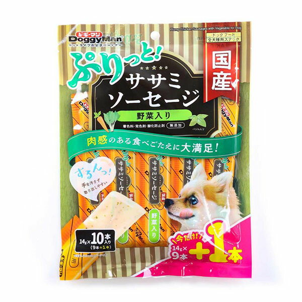 肉感のある食べごたえに大満足！・国産鶏ササミの旨みをギュギュッと詰め込んだ、ぷりぷりジューシーなソーセージです。・鶏肉の中で最も低脂肪のササミを使用。・食欲をそそるバジル、健康に配慮したにんじん、ほうれん草入り。・手を汚さず、するんっ！と取り出しやすいフィルム個包装。・手でちぎって少しずつ与えやすい。・着色料、発色剤、酸化防止剤 無添加。［1日の目安給与量］幼犬・超小型成犬(5kg以下)：〜4本小型成犬(5〜11kg)：4〜8本中型成犬(11〜23kg)：8〜12本大型成犬(23〜40kg)：12〜16本・目安給与量を参考に1日1〜数回に分け、おやつとして与えてください。・給与量は犬によって個体差が生じます。食べ残しや便の様子、健康状態をみて調節してください。・2か月未満の幼犬には与えないでください。・犬の習性や性質、食べ方によってはのどに詰まらせたりする恐れがありますので、適切な大きさにして与えてください。・犬が袋を誤食しないようご注意ください。［保管方法］・お買い上げ後は直射日光・高温多湿の場所を避けて保存してください。・開封後は冷蔵し、賞味期限に関わらず早めに与えてください。・食べ残した場合は、別の容器に移し替えて冷蔵庫で保存してください。・生産地：日本・素材：＜原材料＞鶏肉(胸肉、ササミ、チキンエキス)、コーンスターチ、調味料、野菜類(にんじん、ほうれん草)、バジル、増粘多糖類、ビタミンE＜保証成分＞粗たん白質6.0％以上、粗脂肪0.1％以上、粗繊維1.0％以下、粗灰分2.0％以下、水分93.0％以下＜エネルギー＞80kcal/100g