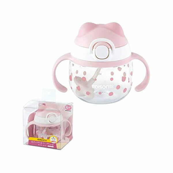 EDISONmama エジソンママ ストローマグカップ/あにま~るマグ ピンク 200ml 5カ月から コップ飲みの練習ができる フタのお耳は噛んでも安心 ロック付き もれにくい弁付きストロー 水筒 赤ちゃん ベビー 人気商品