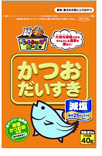 マルトモ●商品サイズ (高さ×奥行×幅): 200mm×50mm×320mm●ブラント名: マルトモ●メーカー名: マルトモ●ブランド：マルトモブランド●かつおだいすき50gとの比較でかつお節の塩分を約25％カット。●製造元リファレンス：199171●メーカーにより製造中止になりました：いいえ●フレーバー：カツオ●商品の形状：フレーク●サイズ：40g × 1袋●商品の数量：1●電池使用：いいえ●電池付属：いいえ(!--7at-1t--)(img src='https://image.rakuten.co.jp/auc-ulmax/cabinet/sozai/7at-1t.gif')(h1)(img src='https://image.rakuten.co.jp/auc-ulmax/cabinet/hal03/head_genenkatuo.jpg' alt='減塩かつおだいすき40g' width='100%')(/h1)(p)(img src='https://image.rakuten.co.jp/auc-ulmax/cabinet/hal03/genenkatuo_01.jpg' alt='減塩かつおだいすき40g')(/p)