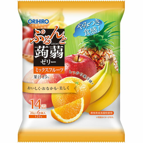 ※この商品は配送会社の都合により、沖縄・離島にはお届けできません。 ご注文が確認された場合、キャンセルさせて頂く可能性がございますのであらかじめご了承ください。●幅広い年代に人気のフルーツ 5 種（オレンジ、リンゴ、パインアップル、ピーチ、バナナ）により、華やかな香りと優しい甘さに仕上げた、美味しい手軽なプチサイズの蒟蒻ゼリーです。 ●吸い込み防止形態で、どなたでもお手軽にお召し上がりいただけます。 ●小腹がすいた時の手軽なおやつとしてお召し上がりください。●原材料：果糖ぶどう糖液糖（国内製造）、砂糖、果汁（オレンジ、リンゴ、パインアップル、ピーチ、バナナ）、還元水飴、蒟蒻粉／酸味料、ゲル化剤（増粘多糖類）、香料、塩化カリウム、甘味料（アセスルファム K、スクラロース）、カロテノイド色素※この商品は配送会社の都合により、沖縄・離島にはお届けできません。 ご注文が確認された場合、キャンセルさせて頂く可能性がございますのであらかじめご了承ください。