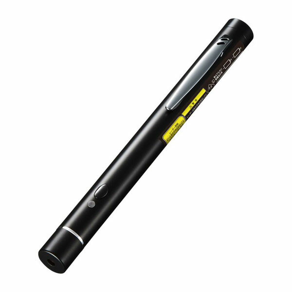 サッと取りだせるペン型タイプ、適度な重さの上質真鍮製のレーザーポインター●プレゼンの際、サッと取りだせ、手になじんで持ちやすいペン型タイプのレーザーポインターです。↓●適度な重さの上質素材、真鍮製のレーザーポインターです。↓●通常使われている一般的な単四乾電池式で、連続照射30時間と経済的です。↓●赤色の光線が約100m先まで照射できます。(夜間時)↓●照射中は手元のボタンが点灯するので、暗い場所でも照射しているかどうか一目でわかります。↓●クリップ付きのスリムサイズ、胸ポケットに入れるなど手軽に持ち運ぶことができます。↓●消費生活用製品安全法に基づき、PSCマークの認証を受けています。■レーザー種類:可視光半導体レーザー↓■レーザークラス:クラス2↓■レーザー出力:最大1mW↓■レーザー色:レッド↓■レーザー波長:赤色/650nm↓■レーザー最大到達距離:約100m↓※夜間使用時↓※使用環境によって異なります。↓■レーザー直径:約5mm↓※照射距離が3mの場合↓■照射形状:点型↓■連続照射時間:約30時間↓※弊社社内テスト値であり、保証値ではありません。↓※長時間連続して使用し続けると発熱し、レーザー光が弱くなる場合があります。長時間に及ぶ連続使用↓　(押しっぱなし)はできる限り避けてください。↓■電源:単四乾電池 ×2本↓■電池タイプ:単四乾電池↓■通電表示LED:赤色↓■ボタン数:1ボタン↓■ボタン:レーザー照射ボタン↓■防塵防水性能:無↓■使用環境温度:約10℃〜40℃↓■材質:真鍮 他↓■セット内容:本体、単四乾電池(テスト用) ×2、取扱説明書、保証書(パッケージに印刷)↓