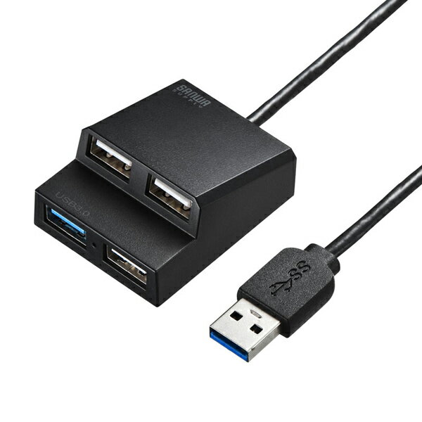 USB3.2Gen1×1ポート、USB2.0×3ポートのコンボタイプUSBハブ。●USB3.2 Gen1（USB3.1 Gen1/USB3.0）×1ポート、USB2.0×3ポートのコンボハブです。●ワイヤレスマウスのレシーバーなどUSB3.2 Gen1（USB3.1 Gen1/USB3.0）が必要ない機器と併用するのに最適です。●USB3.2 Gen1（USB3.1 Gen1/USB3.0）ポートはスーパースピードモード（5Gbps）[理論値]に対応しています。●USB2.0ポートにUSB2.0機器を接続していても、USB3.2 Gen1ポートはスーパースピードモードで動作可能です。●USB2.0/1.1規格との互換性がありますので従来のUSB2.0ポートを搭載したパソコンでもご使用が可能です。●AC電源不要のバスパワータイプです。＜ご購入前にご確認ください＞※USB3.2 Gen1ポートにUSB2.0/1.1規格の製品を接続する場合、最大転送速度は遅いほうの規格になりますのでご注意ください。※本製品はUSBハブですが全てのUSB機器に接続、動作を保証できるものではありません。※本製品はUSB3.2 Gen1（USB3.1 Gen1/USB3.0）規格に対応しておりますがUSB3.2 Gen1（USB3.1 Gen1/USB3.0）の規格値（5Gbps）の転送速度を保証するものではありません。※本製品はバスパワー専用です。接続する周辺機器の4ポートの合計値が850mA以内の場合に限り使用可能です。※接続した周辺機器の消費電流合計値が850mA以上の場合、正常に動作しないことがあります。■カラー：ブラック■インターフェース規格：USB仕様 Ver3.2 Gen1（USB3.1 Gen1/USB3.0）準拠（USB Ver2.0/1.1上位互換）※USB3.2 Gen1はUSB-IF（USB Implementers Forum ）によりUSB3.1/USB3.0が名称変更されたもので同じ規格です。■通信速度：5Gbps/480Mbps/12Mbps/1.5Mbps（理論値）■コネクタ形状：USB3.2 Gen1（USB3.1 Gen1/USB3.0）Aコネクタ メス×1（ダウンストリーム）USB2.0 Aコネクタ メス×3（ダウンストリーム）USB3.2 Gen1（USB3.1 Gen1/USB3.0）Aコネクタ オス×1（アップストリーム）■コネクタ形状（PC接続側）：USB Type-A■電源：バスパワー■供給電流：850mA 最大（全ポート合計）※接続する機器の消費電流が本製品の供給電流を超える場合、バスパワーで正常に動作しない場合があります。■ポート数（合計）：4ポート■サイズ：W40×D50×H21mm■重量：約25g■ケーブル長：約50cm■付属品：取扱説明書、面ファスナー（1セット）■対応機種：Windows搭載（DOS/V）パソコンApple MacシリーズChrome OS搭載パソコン※標準で各種対応のUSBポートを持ち、パソコン本体メーカーが対応USBポートの動作保証をしている機種。※USB3.2 Gen1（USB3.1/USB3.0）の環境で動作させるためにはパソコン本体にUSB3.2 Gen1（USB3.1/USB3.0）ポートが搭載されており、接続するケーブルや機器についてもUSB3.2 Gen1（USB3.1/USB3.0）に対応している必要があります。※USBスキャナーやスキャナーを搭載した複合機、USB機器の認識にシビアなUSB機器についてUSBハブ経由では正常に動作しない場合があります。■対応OS：Windows 11・10・8.1・8・7macOS（Monterey) 12、macOS（Big Sur） 11、macOS 10.12〜10.15、Mac OS X 10.4〜10.11Chrome OS