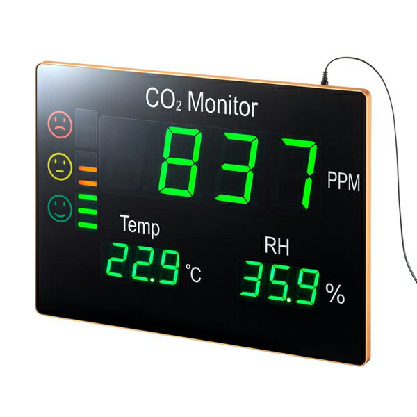 CO2（二酸化炭素）、温度、湿度を表示、換気のタイミングを音とLEDでお知らせのCO2二酸化炭素パネルモニター●CO2（二酸化炭素）、温度、湿度を測定し表示する、壁掛けタイプのCO2二酸化炭素モニターです。●会社のオフィス・会議室、学校、図書館、病院などの公共施設や商業施設など、屋内の空気の環境を見守ることができます。●CO2（二酸化炭素）の濃度状態が高くなると、アラーム音とLEDで知らせてくれます。 ●設定したCO2二酸化炭素濃度以上になるとアラームが鳴る設定ができます。またアラーム音のON・OFF設定もできます。●AC電源供給タイプです。■測定項目及び測定範囲：CO2/0〜9999ppm、温度/0〜50℃、湿度/0〜85％RH■分解能：CO2/1ppm、温度/0.1℃、湿度/0.1％RH■精度：CO2/±70ppm+3％rdg（400〜5000ppm）、温度/±0.8℃（10〜50℃）最大±1.5℃、湿度/±3％RH（30〜75％RH）　■LED表示（CO2)：3LED（0〜599ppm）/安心です6LED（600〜1199ppm）/要注意です9LED（1200〜9999PPM）/換気しましょう■アラーム音：アラームが鳴るCO2（二酸化炭素）濃度値を設定可能、アラームON・OFF可能■CO2センサータイプ：非分散型赤外線（NDIR)ガスセンサー■使用環境：0〜50℃、85％RH以下（結露なきこと）■保管環境：0〜60℃、85％RH以下（結露なきこと）■設置する高さの基準：2〜2.5m■測定目安範囲：50平方メートル■電源：ACアダプタによる給電■サイズ：W392×D292×H42mm■重量：約1.42kg（パネルモニター本体のみ）■セット内容：CO2パネルモニター、ACアダプタ、タッピングネジ×4本、アンカー×4個、取扱説明書・保証書■補正機能（校正機能）：補正機能は、電源ONの状態で5日〜7日間連続使用して頂くと、正確な自動補正（校正）が実行されます。≪自動校正（補正）とは≫※製品にもよりますが、5日〜7日間の二酸化炭素の最低測定値を400PPMとみなし、段階的に補正をする機能のことをいいます。※400PPMが基準の理由と致しましては、世界気象機関（WMO）では、世界で1週間の平均CO2濃度は400PPMと発表されていることから、400PPMを基準値としています。