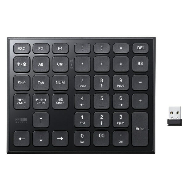 サンワサプライ NT-WL27BK ワイヤレステンキー 2.4GHz 静音 Excel ショートカット 単四電池1本 パンタグラフ チルトスタンド搭載 ドライバ不要 ブラック