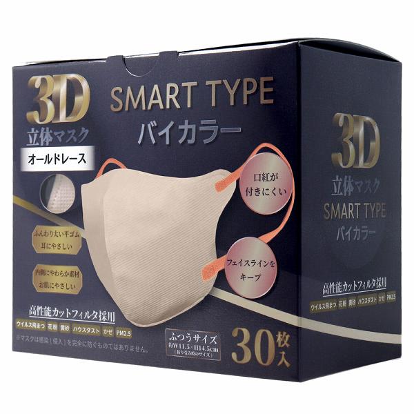 【2個セット】 3D立体マスク スマートタイプ バイカラー オールドレース ふつうサイズ 30枚入 スタイリッシュ 使い捨て シルエット 飛沫 平ゴム 美マスク 大人用 血色マスク 立体マスク 立体 カラー ほこり 裏地白 マスク 花粉 不織布