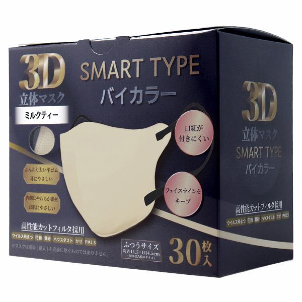 【5個セット】 3D立体マスク スマートタイプ バイカラー ミルクティー ふつうサイズ 30枚入 スタイリッシュ 使い捨て シルエット 飛沫 平ゴム 美マスク 大人用 血色マスク 立体マスク 立体 カラー ほこり 裏地白 マスク 花粉 不織布