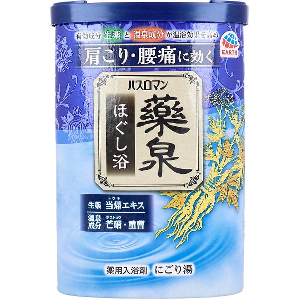 ▼まとめ買いがおすすめ！ 2個セット（爆安） 5個セット（爆安） ※この商品は配送会社の都合により、北海道・沖縄・離島にはお届けできません。 ご注文が確認された場合、キャンセルさせて頂く可能性がございますのであらかじめご了承ください。ご家庭で湯治気分を味わえる、温泉ミネラルがたっぷり入った入浴剤。生薬：当帰エキスと温泉成分：芒硝・重曹が、温浴効果を高めて肩こり・腰痛に効きます。(1)生薬：当帰(トウキ)エキス温浴効果を高め、血行促進を活発化する生薬として、古くから使用されています。　　+　　(2)温泉成分：芒硝(ボウショウ)・重曹温泉成分が溶け込んだにごり湯の保温コート。温浴効果を高めて、血のめぐりを良くし、筋肉の緊張感をほぐします。　　→温浴効果を高めて肩こり・腰痛に効く！●保湿成分：地黄(ジオウ)エキス配合。●さら湯のピリピリ感をやわらげる塩素除去成分配合。●アレルギーテスト済み(全ての方にアレルギーが起きないわけではありません。)●赤ちゃん(生後3ヵ月以上)と一緒に入浴する時も使えます。●気分ほぐれる薬草の香りと乳青色のお湯(にごり)をお楽しみいただけます。【医薬部外品】販売名：バスロマンBYB-1【成分】★有効成分生薬：トウキエキス散、温泉成分：乾燥硫酸ナトリウム(芒硝)、炭酸水素ナトリウム(重曹)★その他の成分酸化Ti、無水ケイ酸、グリシン、カモミラエキス-1、ジオウエキス、ポリアクリル酸Na、ポリアクリル酸、エタノール、乾燥硫酸Na、サリチル酸、ステアリン酸PEG、POE(300)POP(55)、ベントナイト、石けん用素地、BG、ケイ酸Ca、香料、青1【効果・効能】肩のこり、腰痛、疲労回復、冷え症、神経痛、リウマチ、痔、荒れ性、あせも、しっしん、にきび、ひび、しもやけ、あかぎれ、うちみ、くじき、産前産後の冷え症【使用方法】・お風呂のお湯(約180L)に本品30gの割合でよくかき混ぜながら、溶かしてください。・キャップで計量できます。(30g：目盛線1.5杯)・キャップの角からお開けください。(4ヵ所いずれからでも可能です。)★オススメの入浴方法・肩こり・腰痛を和らげるために、ぬるめの湯(38?40度)に15分程度、ゆったり肩までつかることがオススメです。【注意】・浴槽や洗い場が滑りやすくなりますので十分ご注意ください。・入浴以外の用途には使用しないこと。・皮膚あるいは体質に異常がある場合は、医師又は薬剤師に相談の上使用すること。・使用中や使用後、皮膚に発疹、発赤、かゆみ、刺激感などの異常が現れた場合、使用を中止し医師又は薬剤師に相談すること。・使用中にじんましん、息苦しさなどの異常が現れた場合には直ちに使用を中止し、医師又は薬剤師に相談すること。特にアレルギー体質の人や、薬などで発疹などの過敏症状を経験したことがある人は、十分注意して使用すること。・本品は食べられない。万一大量に飲み込んだときは、水を飲ませるなどの処置を行うこと。・本品には浴槽・風呂釜をいためるイオウは入っていない。★にごりタイプの入浴剤について・全自動給湯器、24時間風呂に使用するとフィルターが詰まる可能性があるので、お使いの機種の説明書を確認の上使用すること。・使用後は、風呂釜内部や循環孔のフィルターなどが白く汚れることがあるので、よく水洗いをすること。(風呂釜内部の湯あかなどに白濁成分が一部付き、循環孔から浴槽内へ出ることがある。)個装サイズ：110X156X70mm個装重量：約660g内容量：600gケースサイズ：35.7X16.1X33.1cmケース重量：約10.2kg製造国：日本 【検索用キーワード】 For にごり湯 スキンケア 入浴剤 お風呂 バス ボディケア 冷え症 日本 疲労回復 肩こり 荒れ性 血行促進 600グラム あーすせいやく つめかえ にゅうよくざい コンテナー バス・ボディケア 保管※この商品は配送会社の都合により、北海道・沖縄・離島にはお届けできません。 ご注文が確認された場合、キャンセルさせて頂く可能性がございますのであらかじめご了承ください。 ▼まとめ買いがおすすめ！ 2個セット（必見） 5個セット（お得）