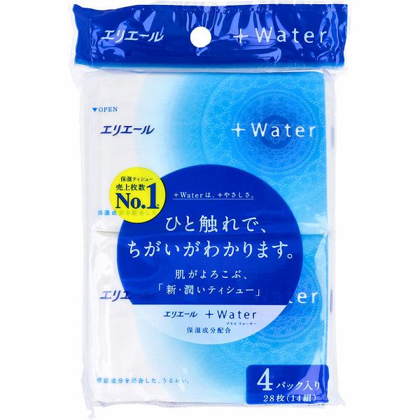 【4個セット】 エリエール +Water(プラスウォーター)ポケットティシュー 28枚(14組)×4個パック ポケットティシュー プラス 保湿 ウォーター 紙製品 生活用品 日用消耗品 プラスウォーター ウェットティッシュ ティシュー ポケットティッシュー